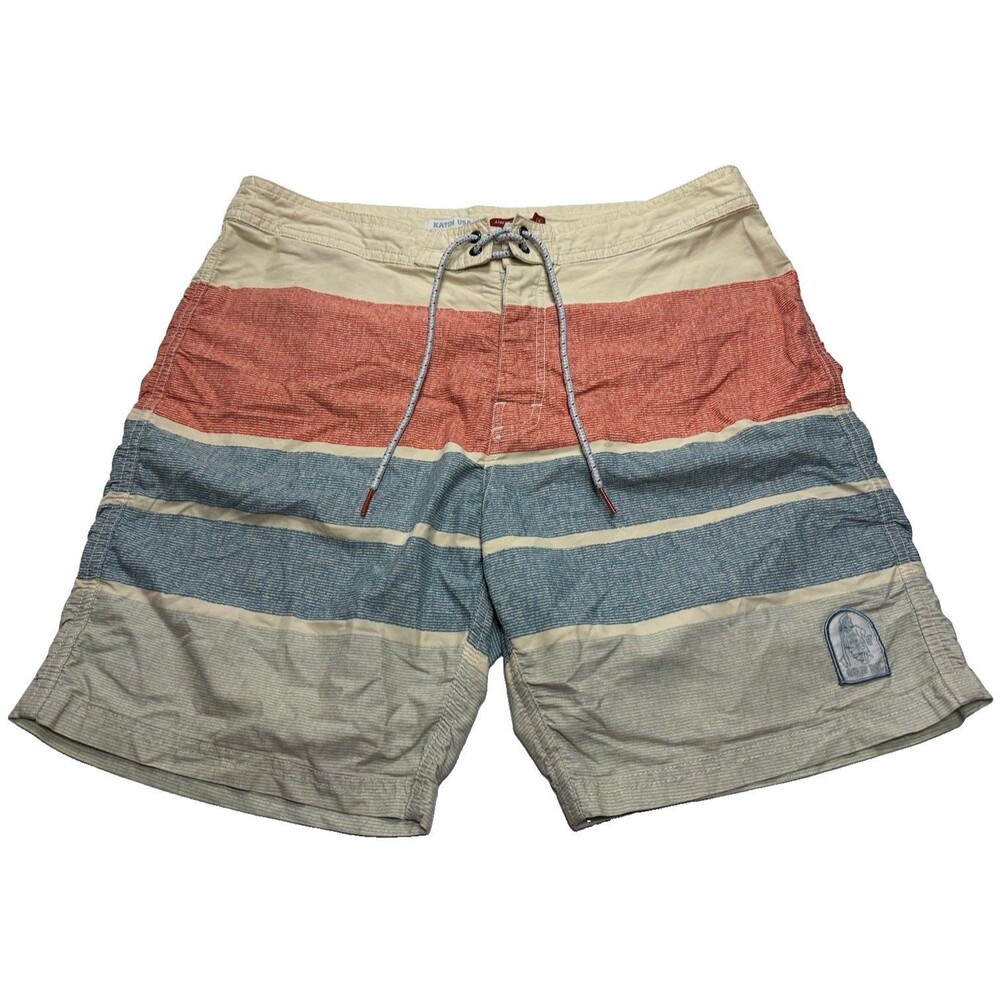 Men's Katin Striped Boardshorts 7" Size 33 Beige Blue Red